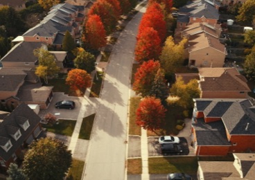The top view of street with trees and houses at Aurora ON